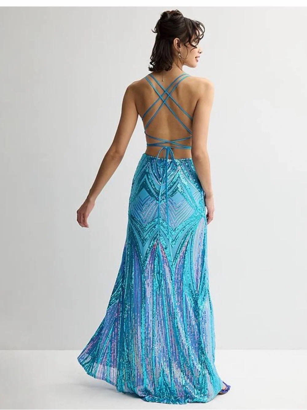 Turquoise Sequined Spaghetti-Strap Evening Gown size 7